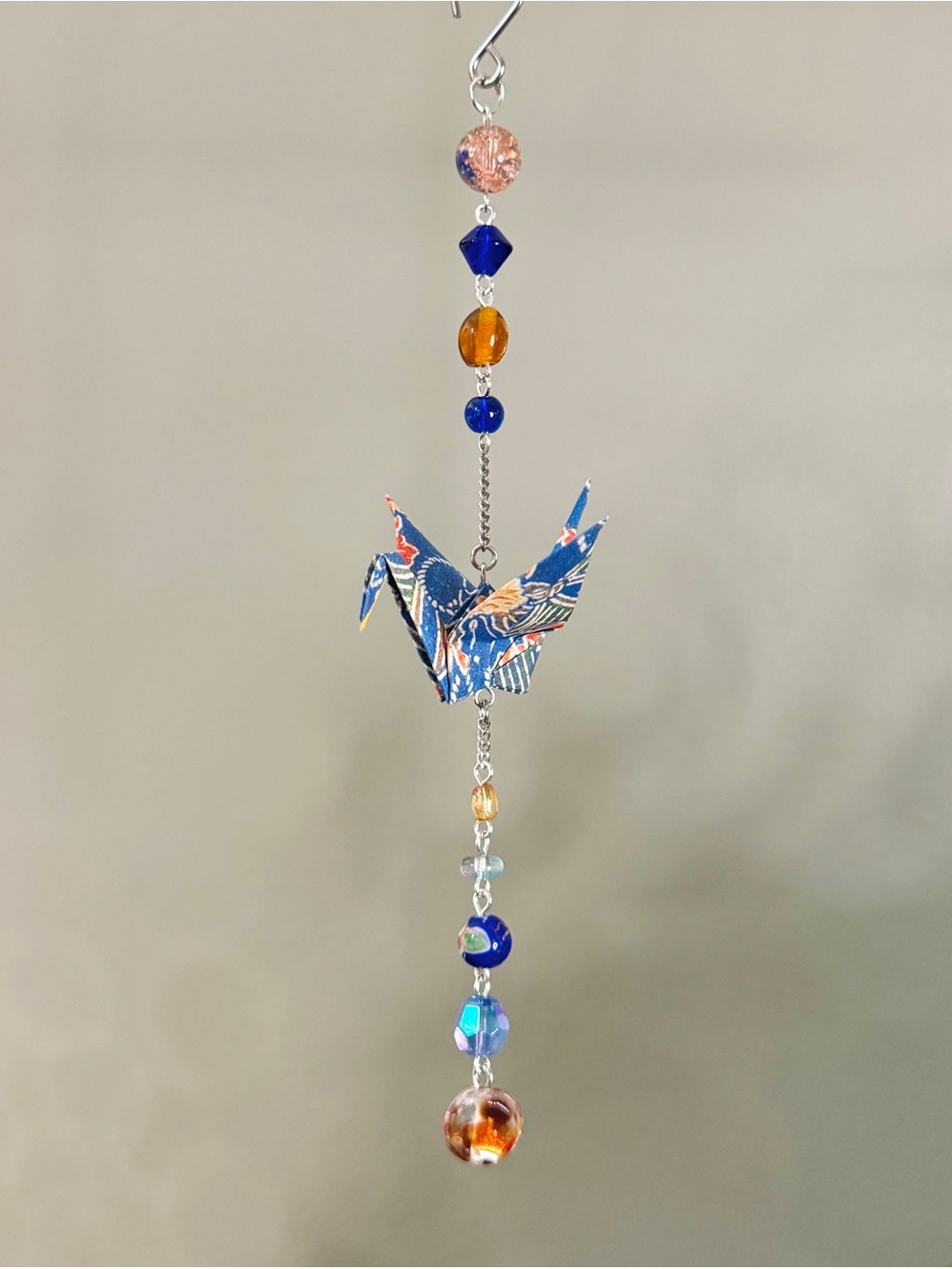 Origami Ornament #2555 - Small Crane with Repurposed Glass Beads